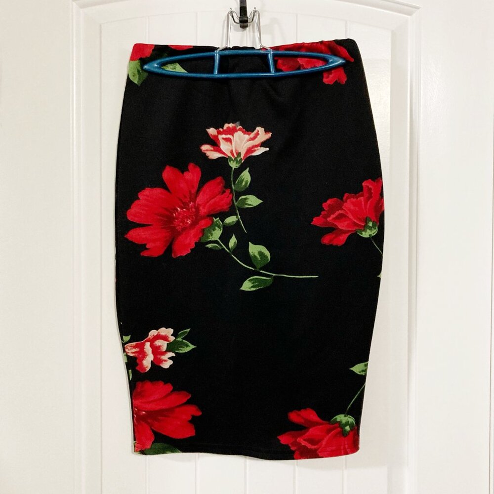 REVAMPED Black red green floral print bodycon pencil skirt XS SMALL wiggle skirt - Picture 12 of 12